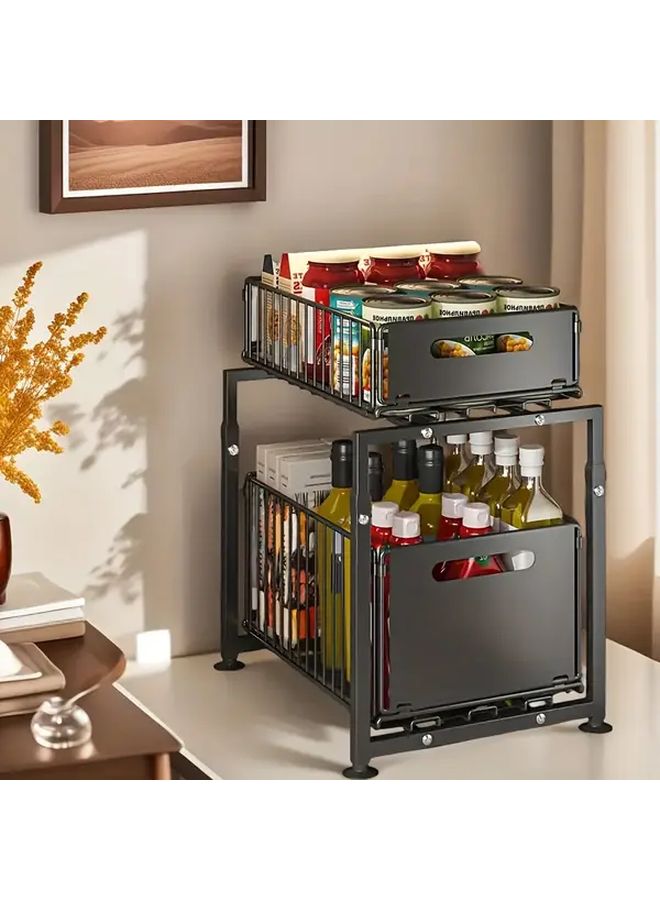 Large Black 2 Tier Kitchen Sink Organizer Adjustable Spice Rack Pull Out Storage Basket - Image 2